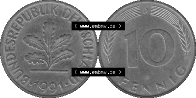 BRD Münzen 10 Pf. Umlaufmünze in PNG 1950-2001, 10 Pfennig 1991 D-03 Graustufen. Graustufen-Bilder der Vorderseite und Rückseite... Sammlung