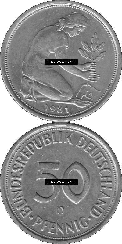 BRD Münzen Deutschland D 50 Pf. Umlaufmünze in Graustufen PNG 1950-2001, 50 Pfennig 1981 Münzzeichen "D" für München - "D" Sammlung