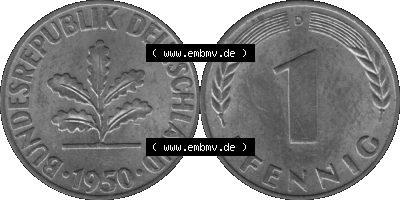 1 Pfennig Umlaufmünze in Graustufen PNG 1950-2001, 1 Pfennig 1950 München D Sammlung