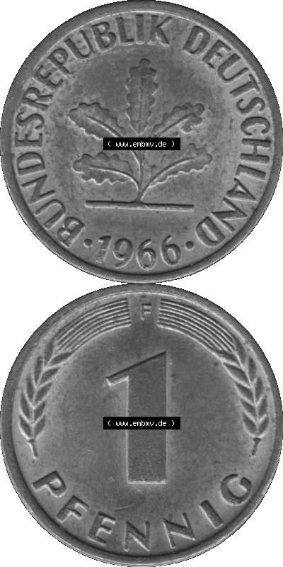 1 Pfennig Umlaufmünze in Graustufen PNG 1950-2001, 1 Pfennig 1966, 1960er Jahre Mzz. F Sammlung
