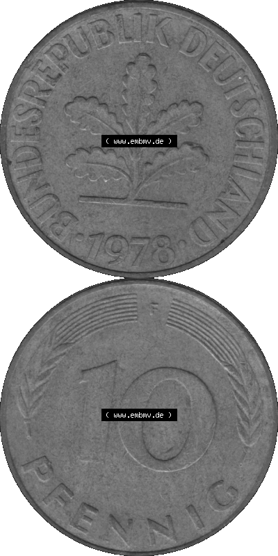 BRD Münzen 10 Pf. Umlaufmünze in PNG 1950-2001, 10 Pfennig 1978 F-01 Graustufen. Graues-Bild aus farbigen Bild erstellt mit... Sammlung