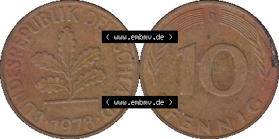 BRD Münzen 10 Pf. Umlaufmünze in PNG 1950-2001, 10 Pfennig 1978 D-01. Vorderseite und Rückseite mit Wert-Zahl auf einen Bild... Sammlung
