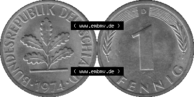 1 Pfennig Umlaufmünze in Graustufen PNG 1950-2001, 1 Pfennig 1974 München D Sammlung