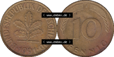 BRD Münzen 10 Pf. Umlaufmünze in PNG 1950-2001, 10 Pfennig 1991 F-07. Vorderseite und Rückseite mit Wert-Zahl auf einen Bild... Sammlung