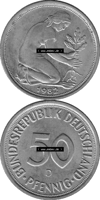 BRD Münzen Deutschland D 50 Pf. Umlaufmünze in Graustufen PNG 1950-2001, 50 Pfennig 1982 Münzzeichen "D" für München - "D" Sammlung