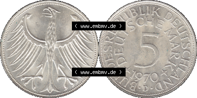 BRD Münzen 5 Deutsche Mark, 5 DM Silbermünze in 625/1000 Silber 1951-1974, 5 DM, 5 Deutsche Mark Silberadler, Heiermann 1970... Sammlung