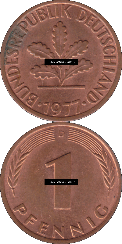 PNG 1950-2001, 1 Pfennig der BRD Deutschland 1977, 1970er Jahre Mzz. München D, 1 - Ein Pfennig Münze "D", mit Mzz. "D" für... Sammlung