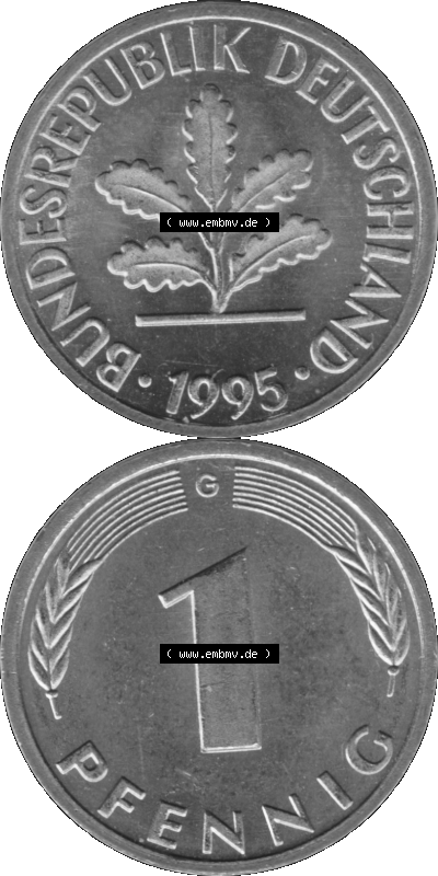 1 Pfennig BRD-Deutschland Umlaufmünze in Graustufen PNG 1950-2001, 1 Pfennig 1995, 1990er Jahre Münzstätte Karlsruhe G-01 Sammlung