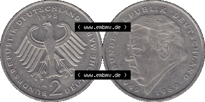 2 DM, Deutsche Mark Franz Josef Strauß 1995 mit Münzzeichen Berlin, A Sammlung