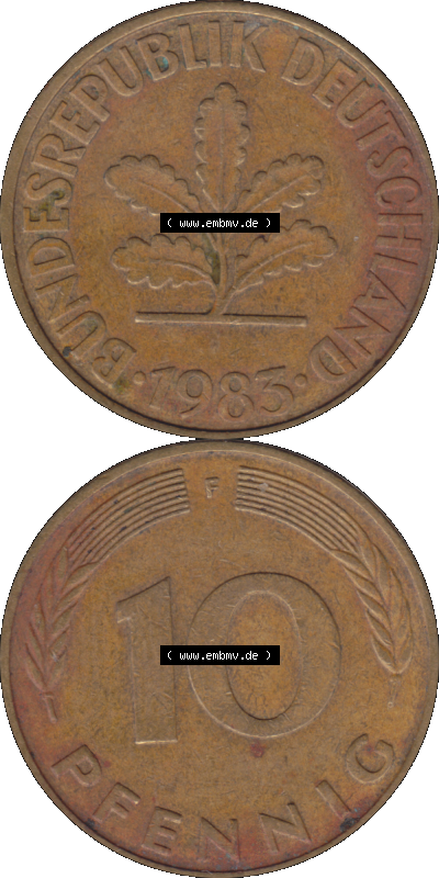 BRD Münzen 10 Pf. Umlaufmünze in PNG 1950-2001, 10 Pfennig 1985 F-01. Vorderseite und Rückseite auf einen Bild / Foto vertikal... Sammlung