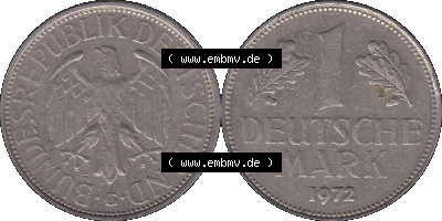 BRD Münzen 1 DM, Umlaufmünze 1950-2001, 1 / Eine DM - Eine Deutsche Mark, 1972 G-1. Münzen-Rückseite und Münzen-Vorderseite... Sammlung