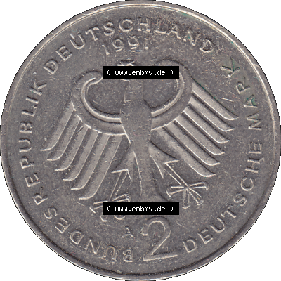 2 DM, Deutsche Mark Franz Josef Strauß 1991 mit Münzzeichen Berlin, A Sammlung