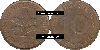 BRD Münzen 10 Pf. Umlaufmünze in PNG 1990-2001, 10 Pfennig 1994 A-01. Vorderseite und Rückseite mit Wert-Zahl auf einen Bild... Sammlung
