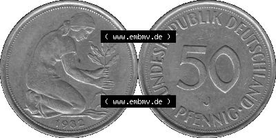 BRD Münzen Deutschland J 50 Pf. Umlaufmünze in Graustufen PNG 1950-2001, 50 Pfennig 1982 Münzzeichen "J" für Hamburg "J" Sammlung