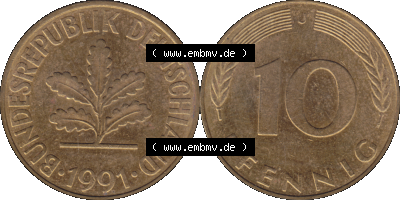 PNG 1950-2001, 10 Pfennig der Bundesrepublik Deutschland 1991 Münzstätte Hamburg Mzz. J Sammlung