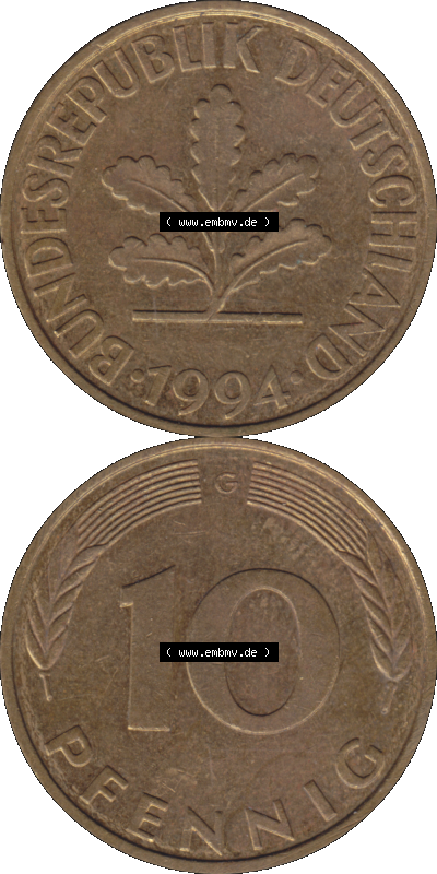 BRD Münzen 10 Pf. Umlaufmünze in PNG 1950-2001, 10 Pfennig 1994 G-12. Vorderseite und Rückseite auf einen Bild / Foto vertikal... Sammlung