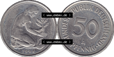 PNG 1990-2001, 50 Pfennig BRD Deutschland 1994 Mzz. Berlin A Sammlung
