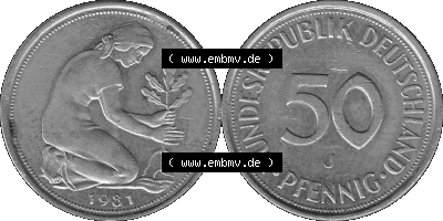 BRD Münzen Deutschland J 50 Pf. Umlaufmünze in Graustufen PNG 1950-2001, 50 Pfennig 1981 Münzzeichen "J" für Hamburg "J" Sammlung