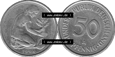 BRD Münzen Deutschland A 50 Pf. Umlaufmünze in Graustufen PNG 1990-2001, 50 Pfennig 1994 Münzzeichen "A" für Berlin - "A" Sammlung