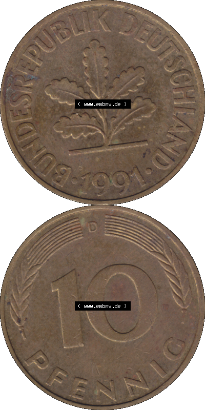 BRD Münzen 10 Pf. Umlaufmünze in PNG 1950-2001, 10 Pfennig 1991 D-02. Vorderseite und Rückseite auf einen Bild / Foto vertikal... Sammlung