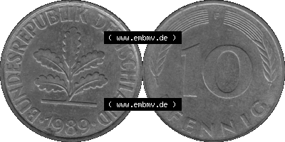 BRD Münzen 10 Pf. Umlaufmünze in PNG 1950-2001, 10 Pfennig 1989 F-01 Graustufen. Graustufen-Bild aus Farbigen Bilder mit Vorderseite... Sammlung