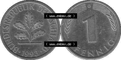 1 Pfennig BRD-Deutschland Umlaufmünze in Graustufen PNG 1950-2001, 1 Pfennig 1993, 1990er Jahre Münzstätte Karlsruhe G-01 Sammlung