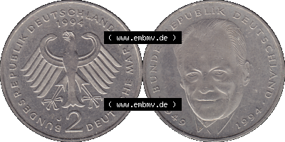 2 DM, Deutsche Mark Deutschland Willy Brandt - Herbert Frahm 1994 Münzzeichen Hamburg Mzz. J Sammlung