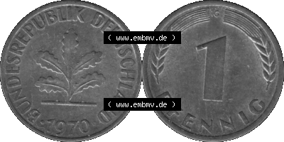 1 Pfennig BRD-Deutschland Umlaufmünze in Graustufen PNG 1950-2001, 1 Pfennig 1970, 1970er Jahre Münzstätte Karlsruhe G-01 Sammlung