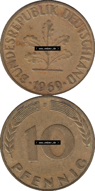 BRD Münzen 10 Pf. Umlaufmünze in PNG 1950-2001, 10 Pfennig 1969 F-08. Vorderseite und Rückseite auf einen Bild / Foto vertikal... Sammlung