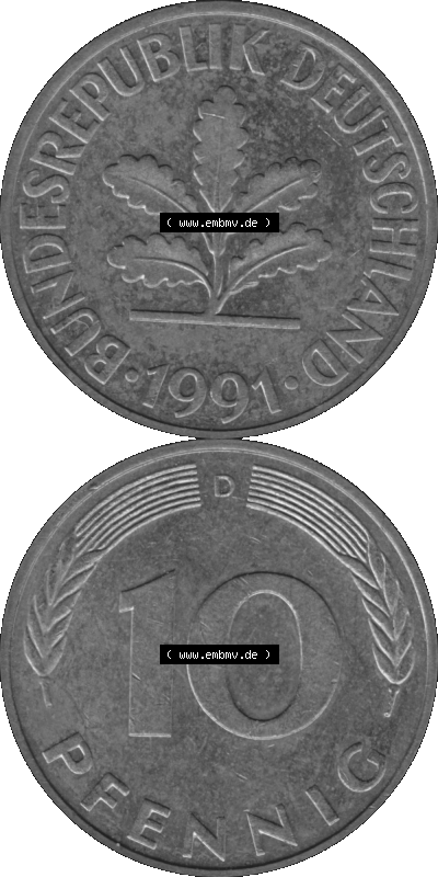 BRD Münzen 10 Pf. Umlaufmünze in PNG 1950-2001, 10 Pfennig 1991 D-01 Graustufen. Graustufen-Bild erstellt aus Farbigen Bild... Sammlung
