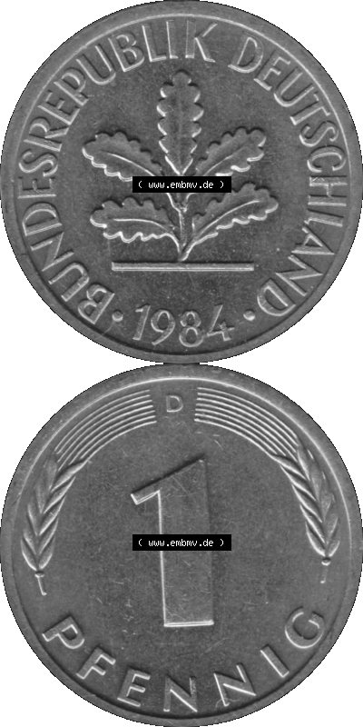 1 Pfennig Umlaufmünze in Graustufen PNG 1950-2001, 1 Pfennig 1984 München D Sammlung