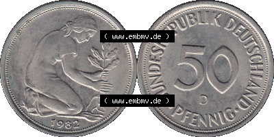 PNG 1950-2001, 50 Pfennig BRD Deutschland 1982 Münzstätte München Mzz. "D" Sammlung