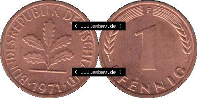 1 Pfennig Umlaufmünze in PNG 1950-2001, 1 Pfennig 1971, 1970er Jahre Stuttgart F, 1 / Ein - Pfennig BRD F, mit Mzz. F für Münzstätte... Sammlung