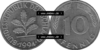 BRD Münzen 10 Pf. Umlaufmünze in PNG 1950-2001, 10 Pfennig 1994 F-01 Graustufen. Graustufen-Bild aus Farbigen Bilder mit Vorderseite... Sammlung