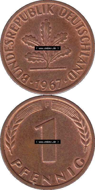 1 Pfennig Umlaufmünze in PNG 1950-2001, 1 Pfennig 1967, 1960er Jahre Stuttgart F, 1 / Ein Pfennig Münze Stuttgart Mzz. F Sammlung