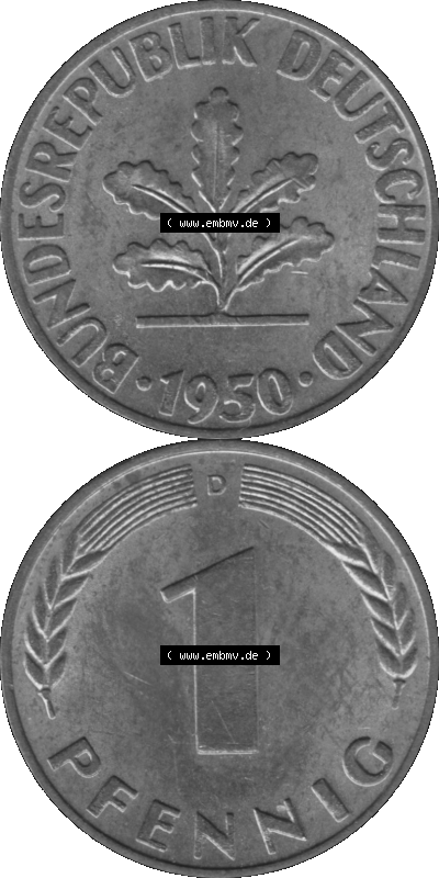 1 Pfennig Umlaufmünze in Graustufen PNG 1950-2001, 1 Pfennig 1950 München D Sammlung