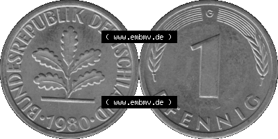1 Pfennig BRD-Deutschland Umlaufmünze in Graustufen PNG 1950-2001, 1 Pfennig 1980, 1980er Jahre Münzstätte Karlsruhe G-01 Sammlung