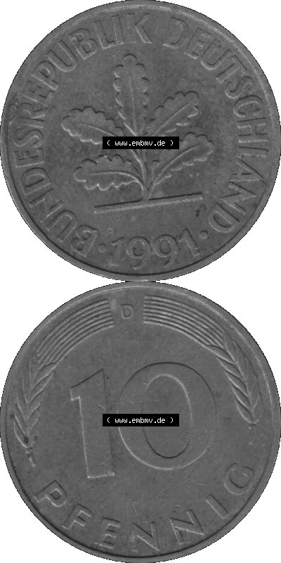 BRD Münzen 10 Pf. Umlaufmünze in PNG 1950-2001, 10 Pfennig 1991 D-02 Graustufen. Graustufen-Bild erstellt aus Farbigen Bild... Sammlung