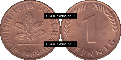 PNG 1950-2001, 1 Pfennig der BRD Deutschland 1969, 1960er Jahre Mzz. München D, 1 - Ein Pfennig Münze "D", mit Mzz. "D" für... Sammlung