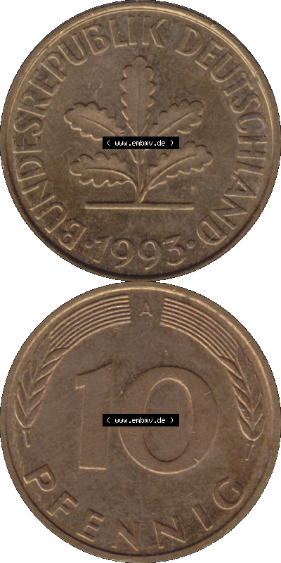 BRD Münzen 10 Pf. Umlaufmünze in PNG 1990-2001, 10 Pfennig 1993 A-01. Vorderseite und Rückseite auf einen Bild / Foto vertikal... Sammlung