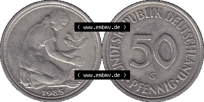 PNG 1950-2001, 50 Pfennig BRD Deutschland 1985 Münzstätte in Karlsruhe Mzz. G Sammlung
