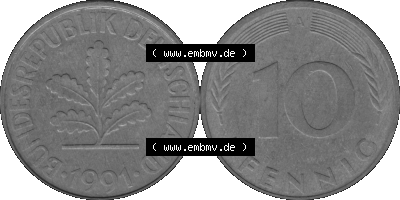 BRD Münzen 10 Pf. Umlaufmünze in PNG 1990-2001, 10 Pfennig 1991 A-04 Graustufen. Graustufen-Bilder der Vorderseite und Rückseite... Sammlung