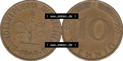 BRD Münzen 10 Pf. Umlaufmünze in PNG 1950-2001, 10 Pfennig 1969 D-01. Vorderseite und Rückseite mit Wert-Zahl auf einen Bild... Sammlung