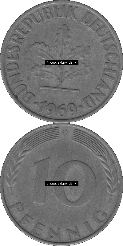 BRD Münzen 10 Pf. Umlaufmünze in PNG 1950-2001, 10 Pfennig 1969 D-01 Graustufen. Graustufen-Bild erstellt aus Farbigen Bild... Sammlung
