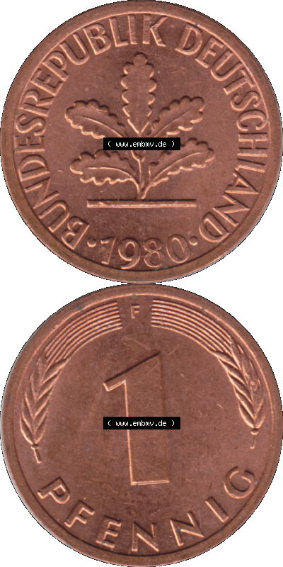 1 Pfennig Umlaufmünze in PNG 1950-2001, 1 Pfennig 1980, 1980er Jahre Stuttgart F Sammlung