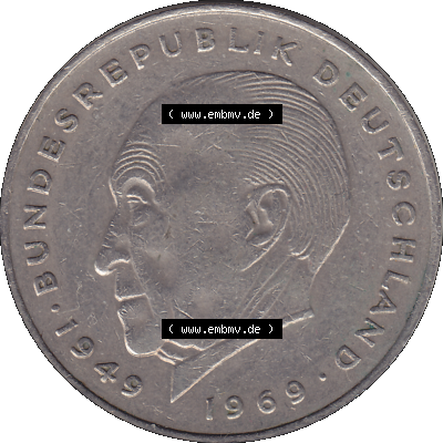 PNG 1969-1987, 2 DM, Deutsche Mark Konrad Adenauer 1973 Münzzeichen Mzz Stuttgart F Sammlung