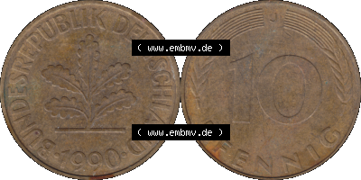 PNG 1950-2001, 10 Pfennig der Bundesrepublik Deutschland 1990 Münzstätte Hamburg Mzz. J Sammlung