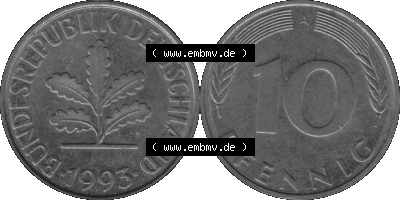 BRD Münzen 10 Pf. Umlaufmünze in PNG 1990-2001, 10 Pfennig 1993 A-01 Graustufen. Graustufen-Bilder der Vorderseite und Rückseite... Sammlung