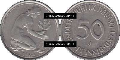 PNG 1950-2001, 50 Pfennig BRD Deutschland 1984 Münzstätte Hamburg Mzz. J Sammlung