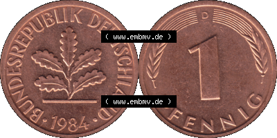 PNG 1950-2001, 1 Pfennig der BRD Deutschland 1984, 1980er Jahre Mzz. München D, 1 - Ein Pfennig Münze "D", mit Mzz. "D" für... Sammlung